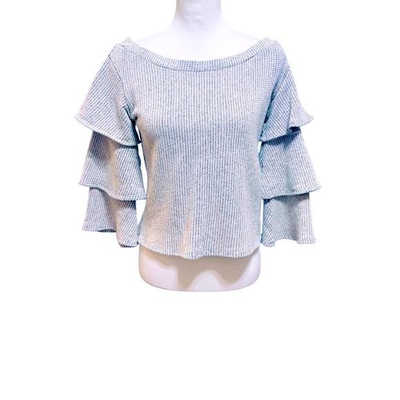 THML Ruffle Sleeve Knit Top | Textured Light Gray | Feminine Minimalist Style - Picture 1 of 13